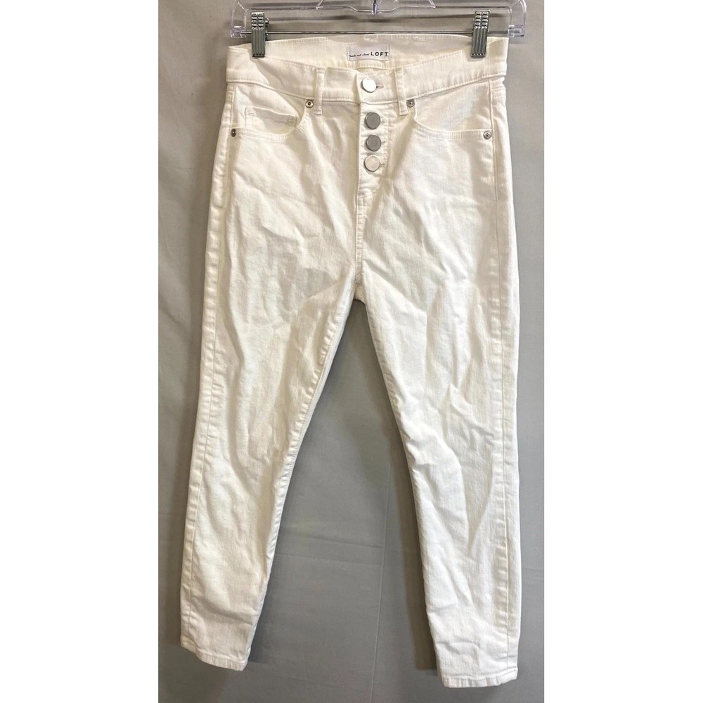 Loft High Waist Skinny Crop Jeans Womens 25/0 White Denim Cotton Slim Pockets